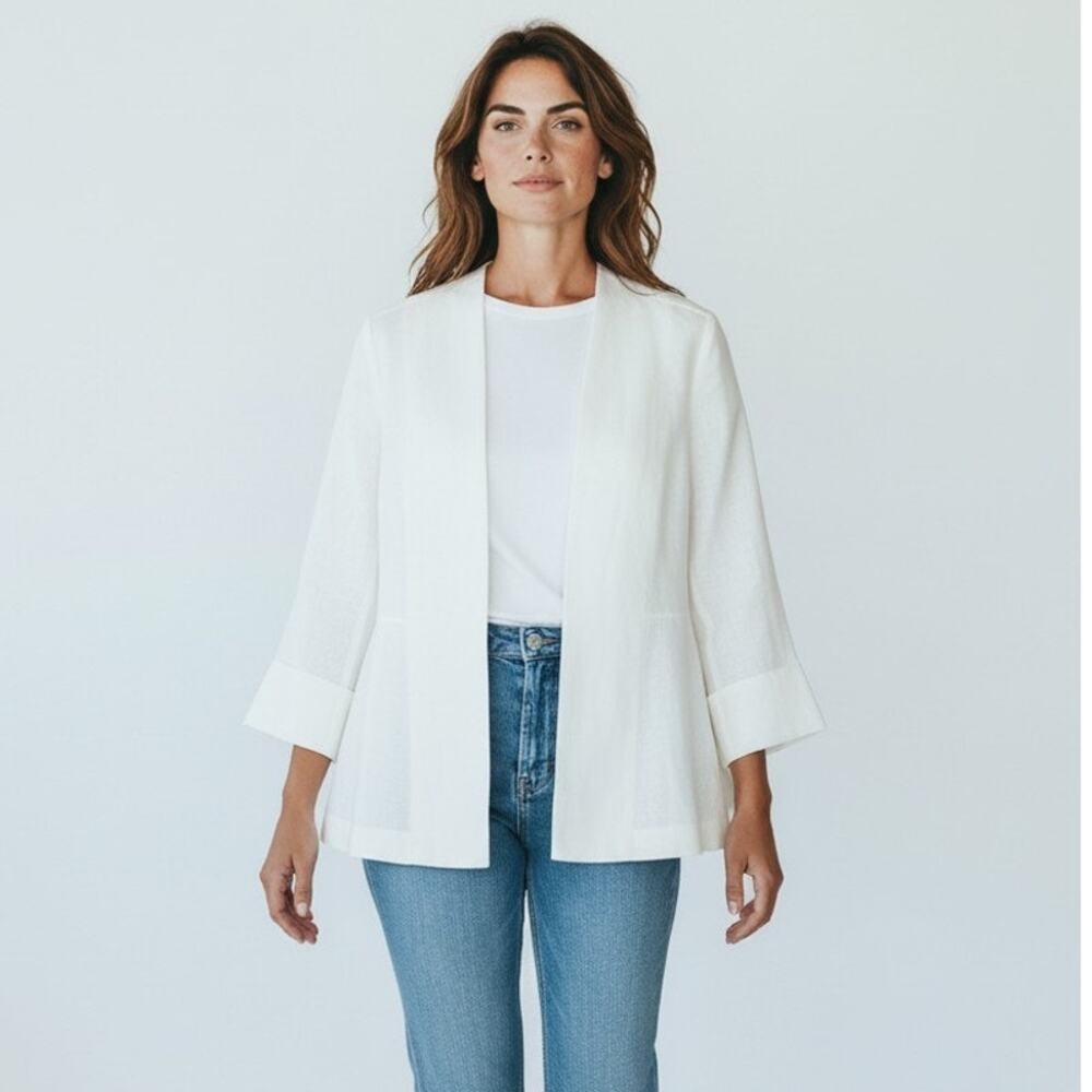 M white Irish linen cropped/short blazer Talbots jacket open front cardigan